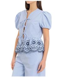 Kocca - Gestreepte Blouse Met Pofmouwen En Geplooid Detail Met Borduursel - Lyst