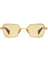 Balmain - Accessoires ,Geel ,18K Gouden Rechthoekige Zonnebril Met Gespotte Havana - Lyst