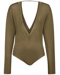 Saint Laurent - Body De Malla Verde Con Escote En V, Mujer, Talla - Lyst