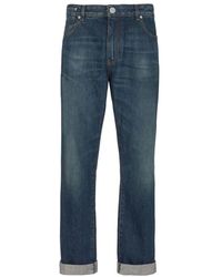 Balmain - Jeans ,Blauw ,Katoen Vintage Logo-Patch Straight-Leg Jeans - Lyst