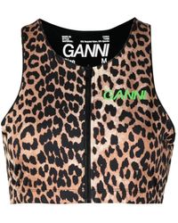Ganni - Leopard-print Zip-up Crop Top - Lyst