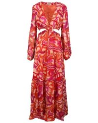 Dondup - Kleedjes ,Veelkleurig ,Chiffon Lange Chiffon Jurk Met Pofmouwen - Lyst