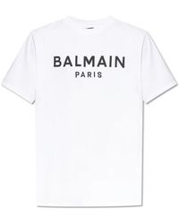 Balmain - Tops ,Wit ,Katoen T-Shirt Met Logo-Opdruk En Ronde Hals - Lyst