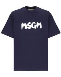 MSGM - Blaues Baumwoll-T-Shirt Mit Logoaufdruck - Lyst
