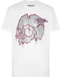 Philipp Plein - Tops ,Wit ,Katoen T-Shirt Ronde Hals Ss Met Kristallen Dripping Skull - Lyst