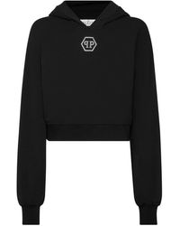 Philipp Plein - Hoodies & Sweatvesten ,Zwart ,Katoen Cropped Hoodie Sweatshirt Crystal Hexagon - Lyst
