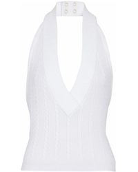 Balmain - Tops ,Wit ,Leer Kabelgebreide Halternek Top - Lyst