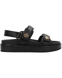 Tory Burch - Sandali piatti in pelle nera con logo double t - Lyst
