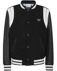 Philipp Plein - Jassen ,Zwart ,Leer Bomber Jacket Lederen Mouwen College - Lyst
