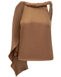 Loulou de Saison - Tops ,Bruin ,Satijn Twisted High-Neck One-Shoulder Top - Lyst