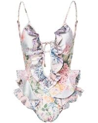 Zimmermann - Floral Print Ruffled Plunge Badpak - Lyst