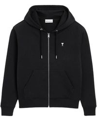 Ami Paris - Hoodies & Sweatvesten ,Zwart ,Katoen Hoodie Met Rits En Borstborduursel - Lyst