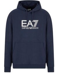 EA7 - Hoodies & Sweatvesten ,Blauw ,Katoen Blauwe Katoenen Hoodie Met Logobedrukking - Lyst