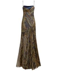 Etro - Kleedjes ,Veelkleurig ,Lange Zijden Jurk Met Draperie En Paisley-Motief - Lyst