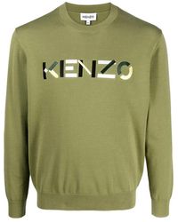 KENZO - Grüner baumwollpullover mit logo-detail - Lyst
