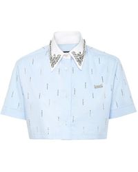 Philipp Plein - Overhemden ,Blauw ,Katoen Poplin Cropped Shirt Ss Strass - Lyst