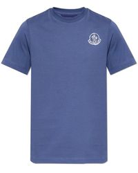Moncler - Tops ,Blauw ,Katoen T-Shirt Met Opgedrukte Logo - Lyst