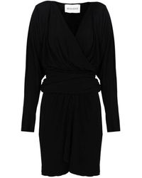 Silvian Heach - Kleedjes ,Zwart ,Leer Elegante Midi-Jurk Met Overslag En Taille-Detail - Lyst