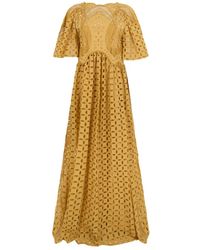 Alberta Ferretti - Kleedjes ,Geel ,Katoen Lange Jurk Met Ruches - Lyst