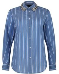 Pinko - Gestreiftes Cerulean Blaues Baumwollhemd - Lyst