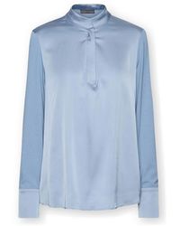 Elena Miro - Overhemden ,Blauw ,Satijn Viscose T-Shirt Met Mandarijnkraag - Lyst