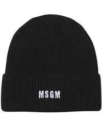 MSGM - Accessoires ,Zwart ,Wol Geribbelde Gebreide Beanie Met Logo - Lyst