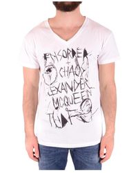 McQueen - Gedruid T-Shirt Met V-Hals En Korte Mouwen Van Katoen - Lyst
