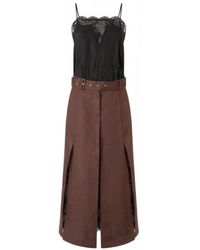 Pinko - Kleedjes ,Bruin ,Linnen Midi Jurk Met Linnen En Kant Top - Lyst