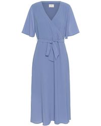 Kaffe - Kleedjes ,Blauw ,Elegante Wrap Jurk Met Ruches Mouwen - Lyst