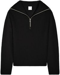Courreges - Truien & Vesten ,Zwart ,Wol Geribbelde Wollen Sweater Met Capuchon En Rits - Lyst