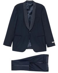 Canali - Kostuums ,Blauw ,Wol Kostuum Met Sjaalkraag En Enkele Knoop - Lyst