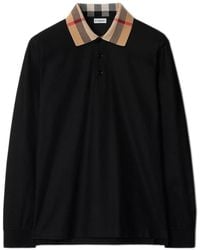 Burberry - Tops ,Zwart ,Katoen Polo Shirt Met Lange Mouwen En Geruite Kraag Van Katoen - Lyst