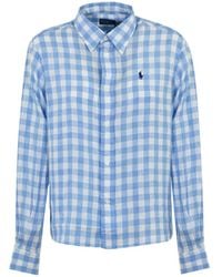 Ralph Lauren - Camicia blu in lino manica lunga chiusura a bottoni logo ricamato - Lyst