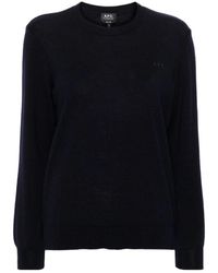 A.P.C. - Truien & Vesten ,Blauw ,Wol Blauwe Wollen Trui Met Geborduurd Logo - Lyst