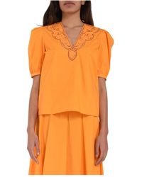 Twinset - Overhemden ,Oranje ,Katoen Katoenen Sangallo Geborduurde Blouse - Lyst