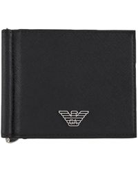 Armani - Accessoires ,Zwart ,Leer Compacte Geregenereerde Leren Kaarthouder Met Clip - Lyst