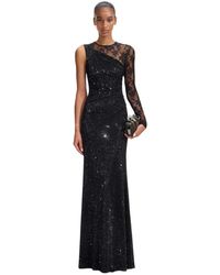 Self-Portrait - Kleedjes ,Zwart ,Polyester Maxi-Jurk Met Strass En Kanten Mouwen - Lyst