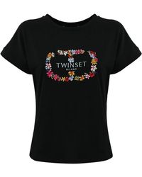 Twin Set - Schwarzes twin-set t-shirt mit besticktem blumenmuster - Lyst