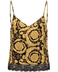 Versace - Tops ,Veelkleurig ,Zijden Hemdje Met Zwarte Kanten Onderkant - Lyst