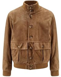 DFOUR® - Jassen ,Bruin ,Leer Suede Ribbed-Trim Bomberjack - Lyst
