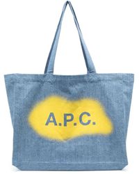 A.P.C. - Borsa tote blu in cotone con stampa logo - Lyst