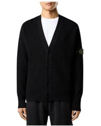 Stone Island - Truien & Vesten ,Zwart ,Katoen Geribbelde Cardigan Met V-Hals - Lyst