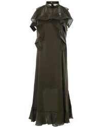 Sacai - Kleedjes ,Groen ,Polyester Midi Jurk Met Ruches - Lyst