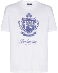 Balmain - Tops ,Wit ,Katoen T-Shirt Met Korte Mouwen Met College Eble Print - Lyst