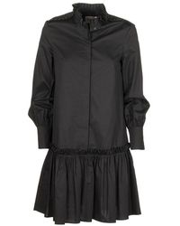 Dondup Long-sleeved Dress With Pleated Collar - Zwart
