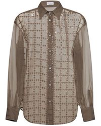Brunello Cucinelli - Overhemden ,Bruin ,Pailletten Gekralde Zijde Blouse Met Knopen - Lyst
