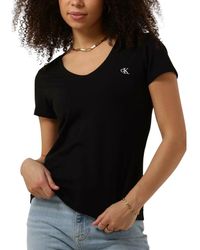 Calvin Klein - Tops ,Zwart ,Katoen T-Shirt Ck Embroidery Stretch V-Neck - Lyst