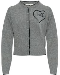 Chloé - Truien & Vesten ,Grijs ,Wol Fitted Logo Cardigan - Lyst
