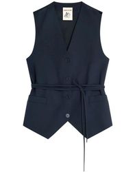Semicouture - Jassen ,Blauw ,Wol Donkerblauwe Wollen Vest Met Riem - Lyst