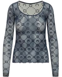 Marine Serre - Tops ,Blauw ,Tweed Moonogram Mesh Flock Top Met Lange Mouwen En Ronde Hals - Lyst